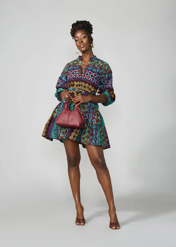 Malia Women's African Dress (Teal Maroon Multipattern)
