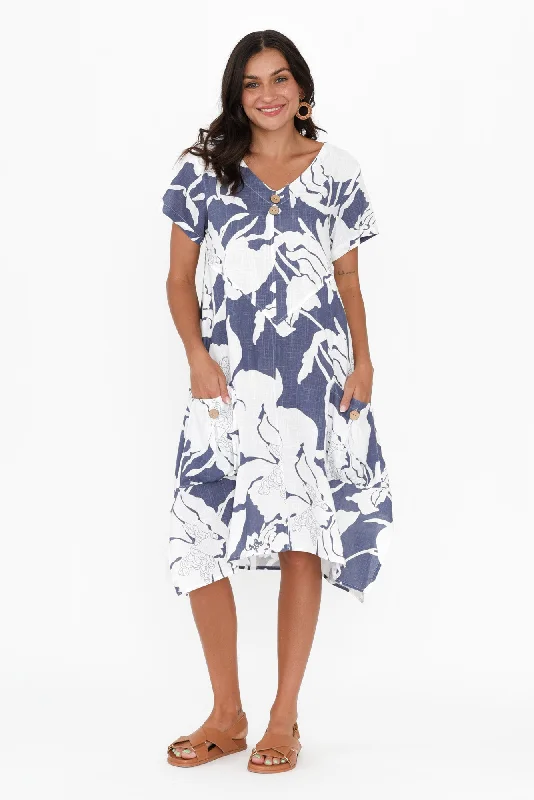 Bryant Blue Floral Linen Cotton Dress