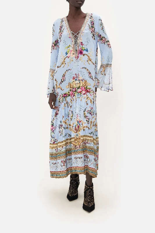 LACE UP DRESS WITH TIERED HEM FLORAFUL