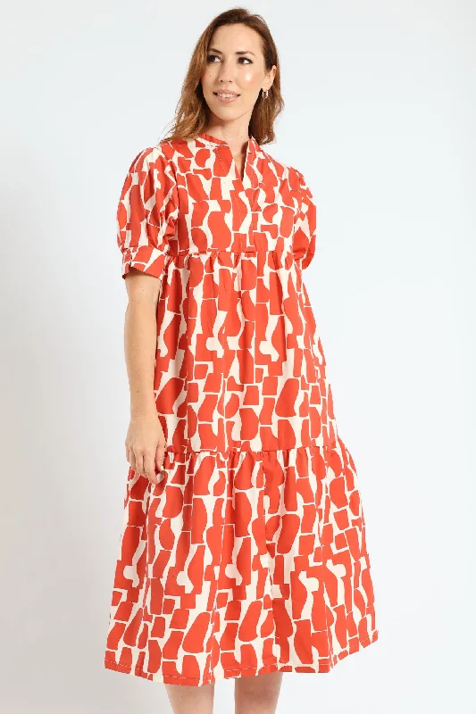 Mandarin Collar Tiered Midaxi Dress - Orange
