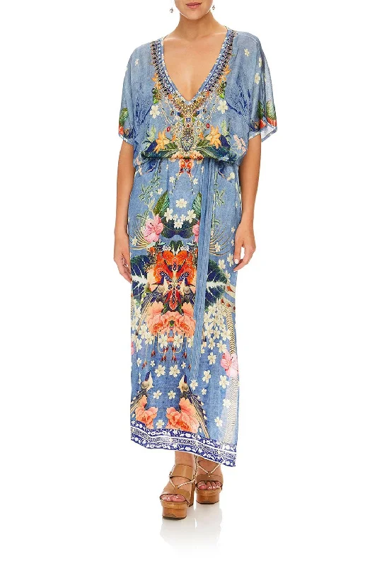 LONG V NECK DRESS WITH TIE FARAWAY FLORALS