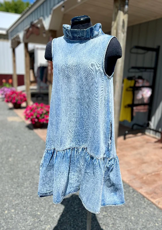 Denim Shift Ruffle Dress