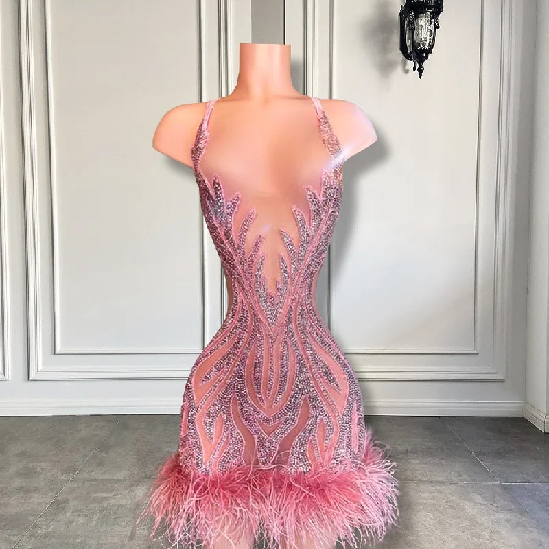 Stunning Sexy See Through Sheer Women Birthday Party Gowns Halter Sparkly Pink Feather Diamond Black Girl Short Prom Dresse 2023 Stunning Sexy See Through Sheer Women Birthday Party Gowns Halter Sparkly Pink Feather Diamond Black Girl Short Prom Dresse 2023
