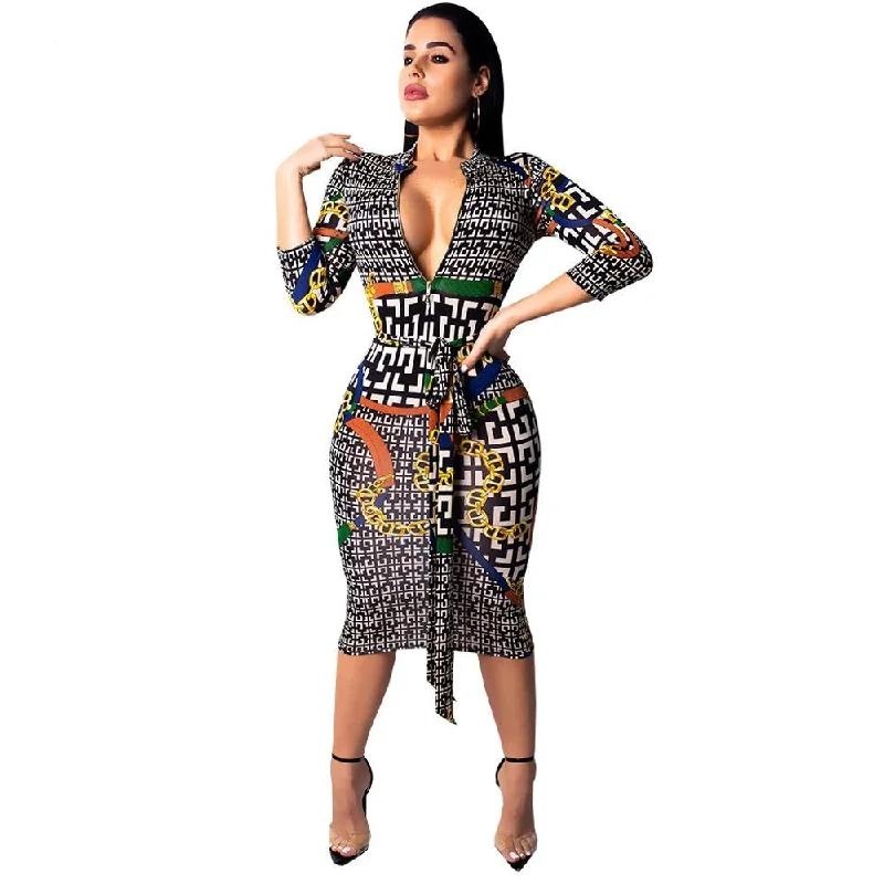 2019 Sexy Spring Print Women Casual Dress Zipper Stand Neck Half Sleeve Sexy Bodycon 2019 Sexy Spring Print Women Casual Dress Zipper Stand Neck Half Sleeve Sexy Bodycon