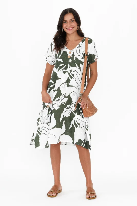 Bryant Green Floral Linen Cotton Dress