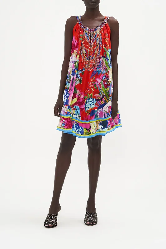 SHORT DRAWSTRING FRILL DRESS BIRDS OF A FEATHER