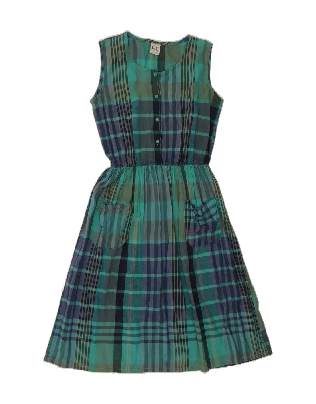 VINTAGE Womens Sleeveless A-Line Dress EU 36/38 Small Green Plaid Cotton