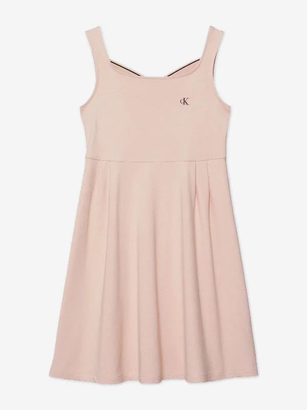 Calvin Klein Girls Back Logo Tape Fit Flare Dress in Pink