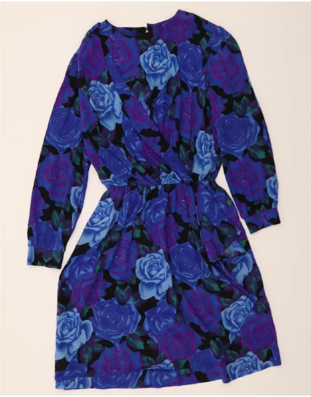 VINTAGE Womens Long Sleeve A-Line Dress UK 18 XL Blue Floral