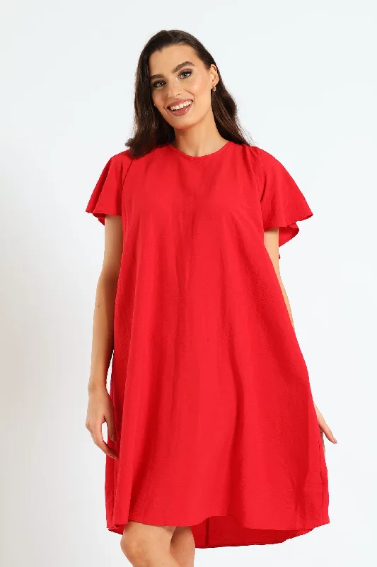 Tie-Back Frill Cape Swing Dress - Mid Red