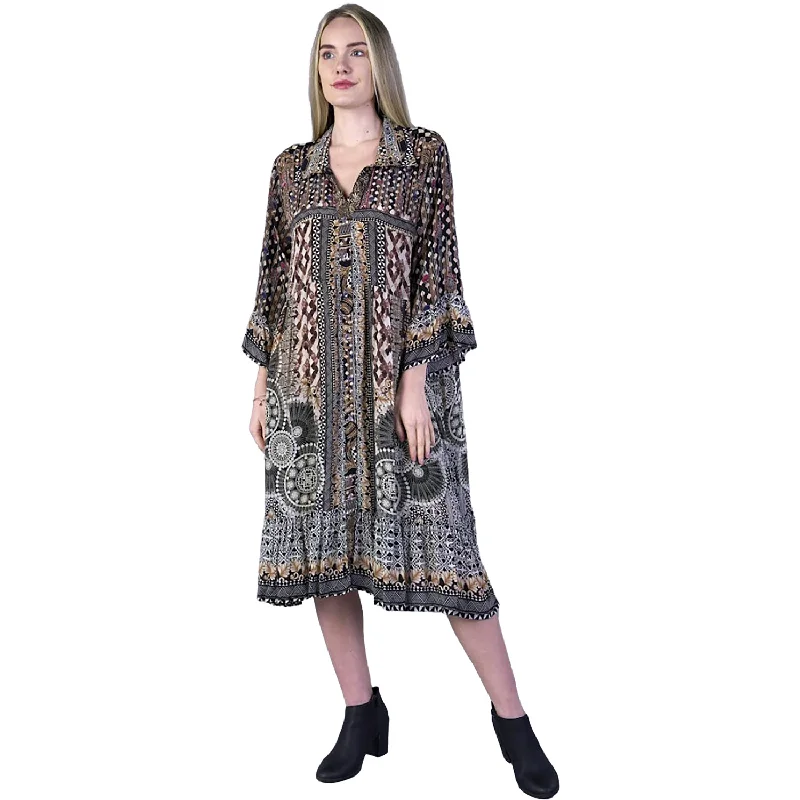 Women's Shana Apparel Silk Viscose L/S Button Down Dress Brown Multi
