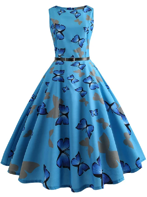 Butterfly Print Summer Dress Women  Floral Vintage Dresses Elegant Retro Party Tank Sleeveless Casual Office Dress