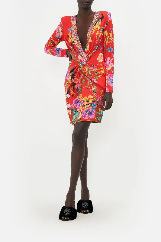 V-NECK CROSS FRONT DRESS RUFFLE SOME FEATHERS