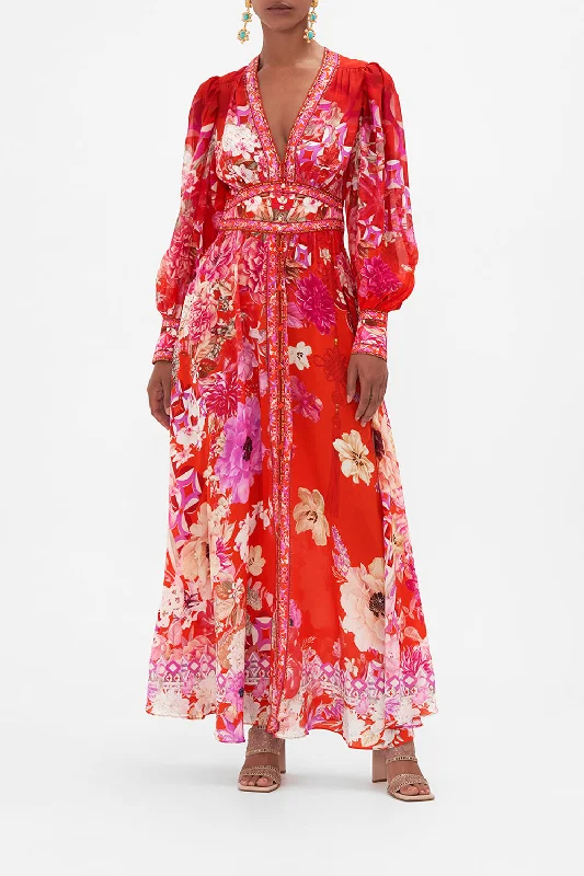 SHAPED WAISTBAND DRESS WITH GATHERED SLEEVES SECRET GARDEN