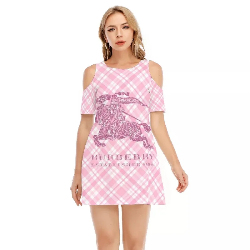 Beautiful Pink Women's Cold Shoulder O-neck Dress | Cotton
