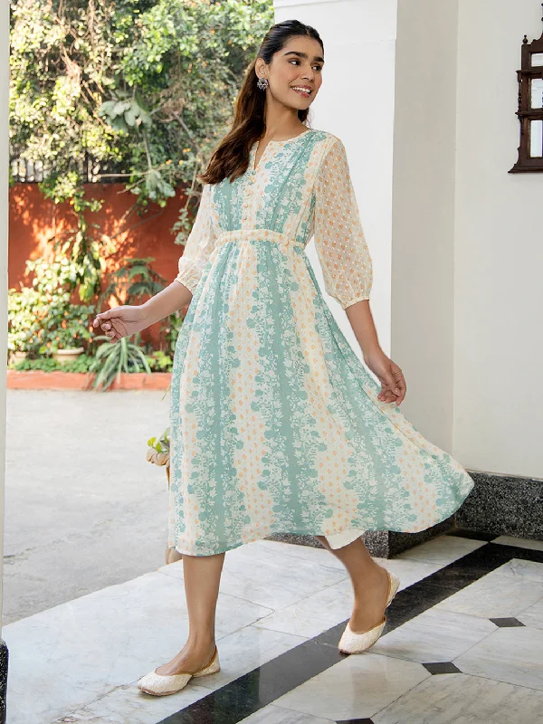 Women Off White Dobby Georgette Dress