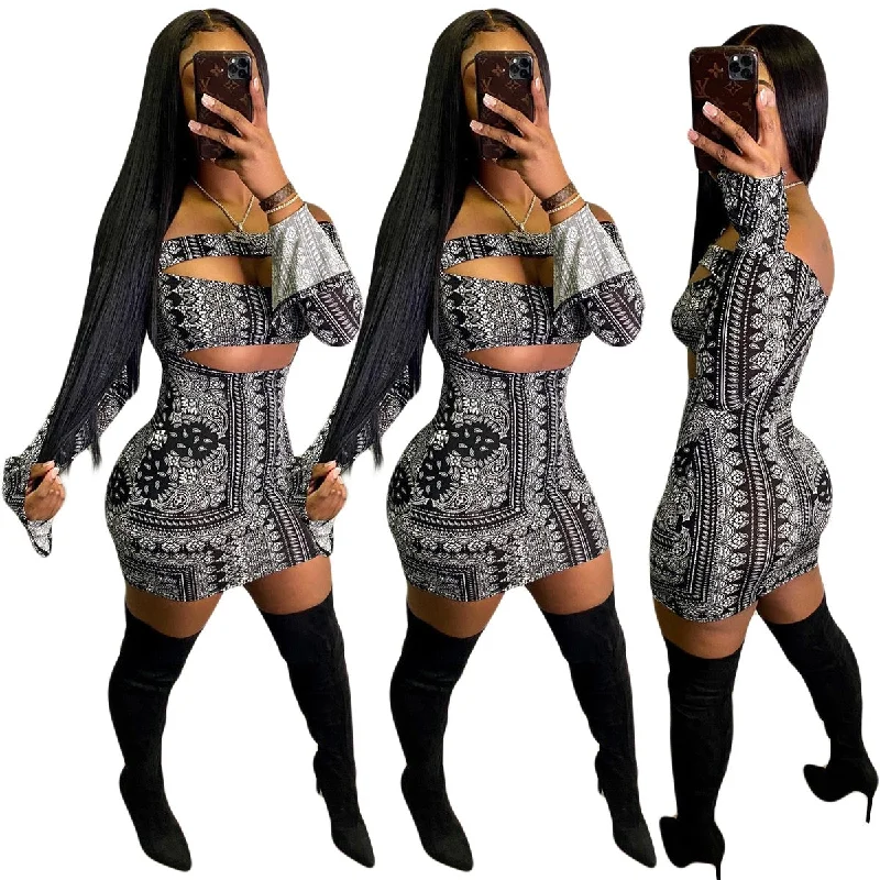 2021 Spring Sexy Women Clothing Hollow Out Bandana Flared Sleeves Slash Neck Printed Mini Club Dresses Lady 2021 Spring Sexy Women Clothing Hollow Out Bandana Flared Sleeves Slash Neck Printed Mini Club Dresses Lady