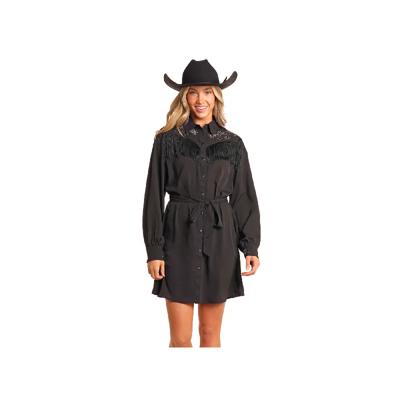 LADIES BLACK EMBROIDERED DRESS WITH FRINGE
