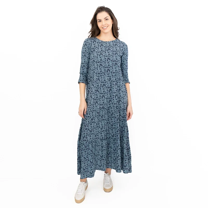 Seasalt Womens Blue Floral Jersey Line Strokes Dress 3/4 Sleeves