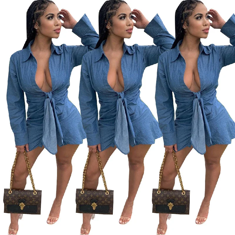 Women's solid color lace-up long-sleeved shirt elegant casual dress women's shirt casual dress
