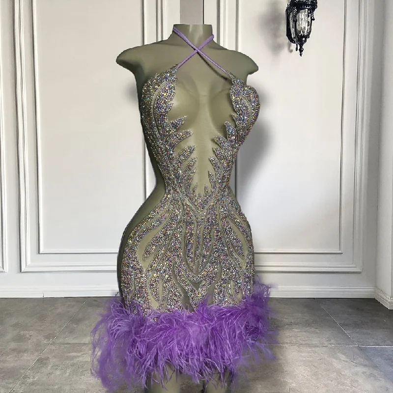 Sparkly Black Girls Short Prom Dresses 2023 Halter Sleeveless Luxury Beaded Lavender Feather Women Cocktail Gowns Sparkly Black Girls Short Prom Dresses 2023 Halter Sleeveless Luxury Beaded Lavender Feather Women Cocktail Gowns