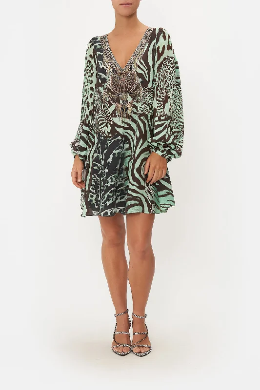 V NECK BLOUSON SLEEVE DRESS LEOPARD LORE