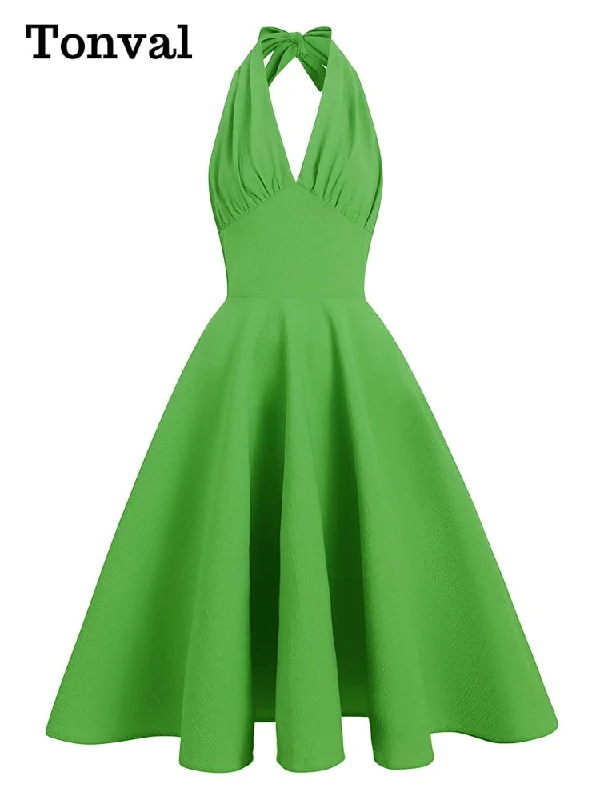 Tonval V-Neck Sexy Halter Vintage Style Summer Vacation Outfits Women Green Solid Elegant Party Pinup Ladies Swing Dresses Tonval V-Neck Sexy Halter Vintage Style Summer Vacation Outfits Women Green Solid Elegant Party Pinup Ladies Swing Dresses