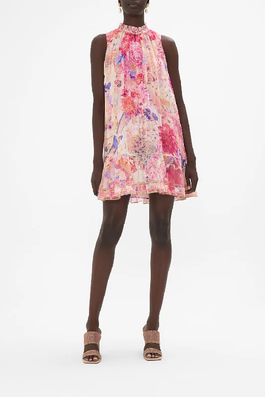 HIGH NECK RUFFLE DRESS ROSE BED RENDEZVOUS