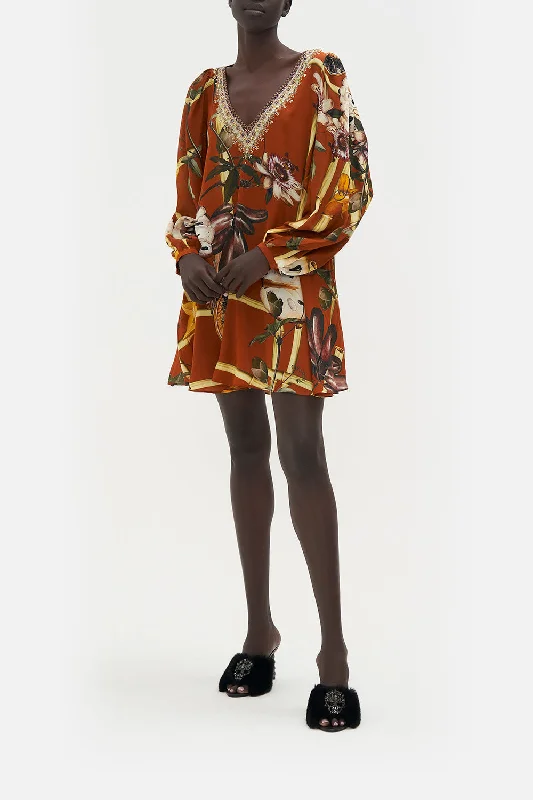 V NECK BLOUSON SLEEVE DRESS GARDEN OF EVE