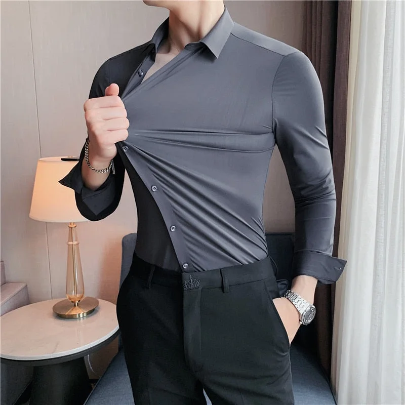 Plus Size 4XL-M High Elasticity Seamless Shirts Men Long Sleeve Slim Casual Luxury Shirt Social Formal Dress Shirts Plus Size 4XL-M High Elasticity Seamless Shirts Men Long Sleeve Slim Casual Luxury Shirt Social Formal Dress Shirts