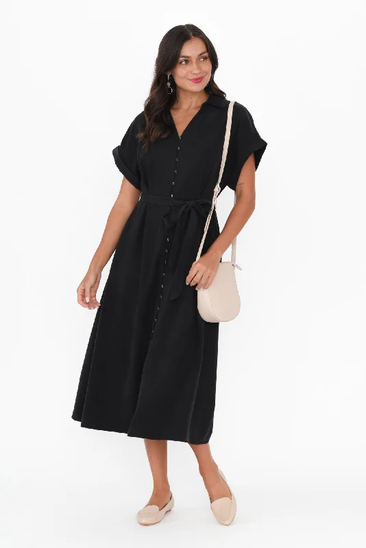 Lucia Black Linen Blend Belted Dress