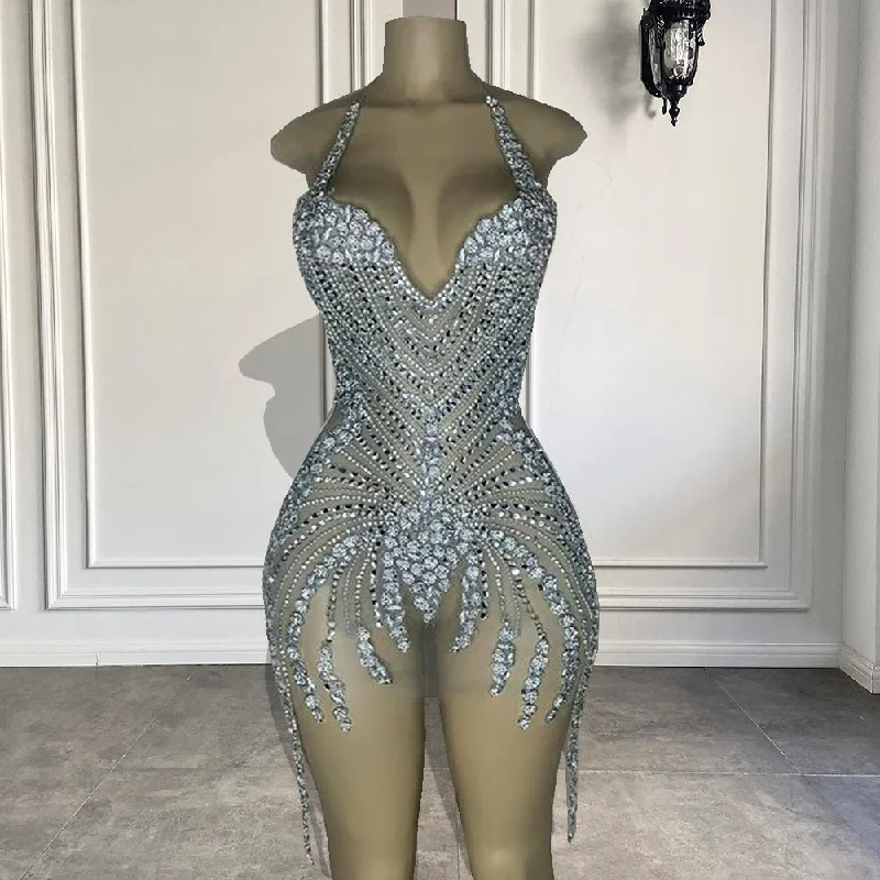 See Through Short Prom Dresses Luxury Beaded Crystals Silver African Women Cocktail Gown For Party See Through Short Prom Dresses Luxury Beaded Crystals Silver African Women Cocktail Gown For Party