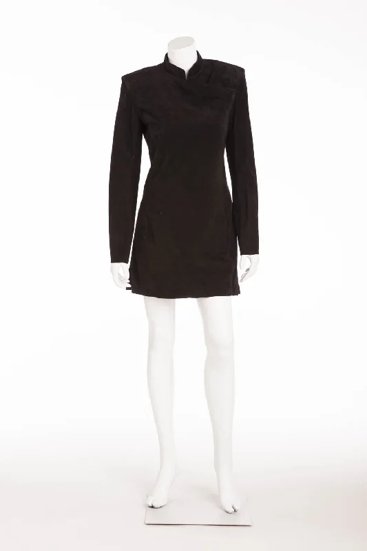 Balmain - NWT Long Sleeve Suede Black Mini Dress - FR 40 Trendy Floral Mini Dress