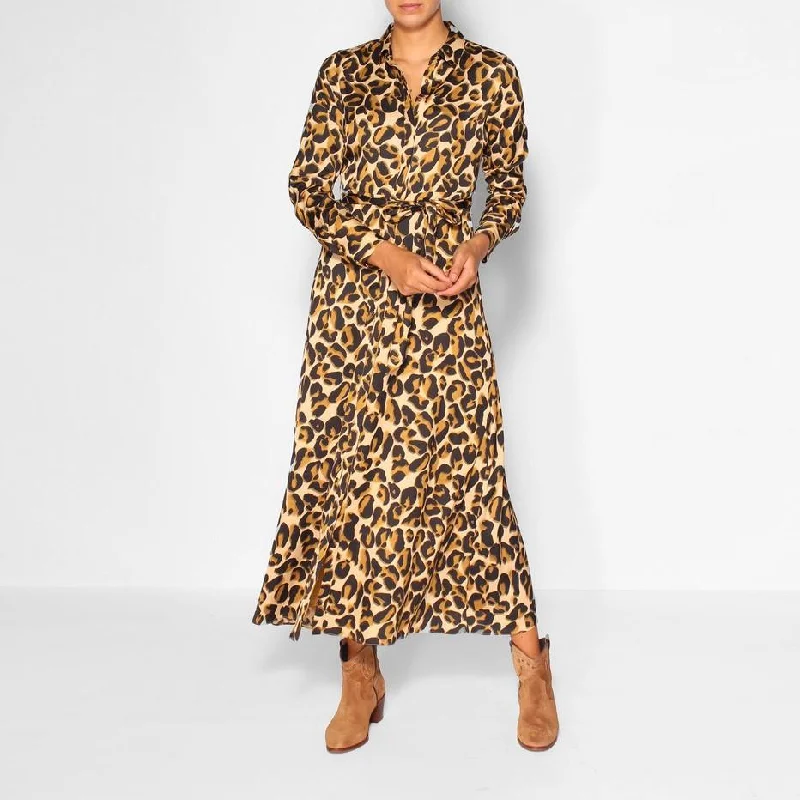 Belted Maxi Dress (Leopard) Comfortable Plunging Neckline Maxi Dress
