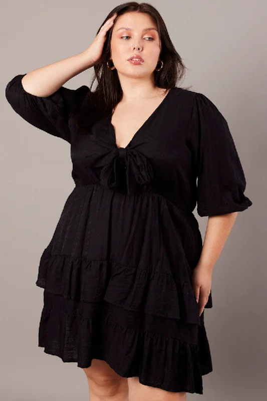 Black 3/4 Sleeve Tie Frill Mini Dress Comfortable Polka Dot Mini Dress