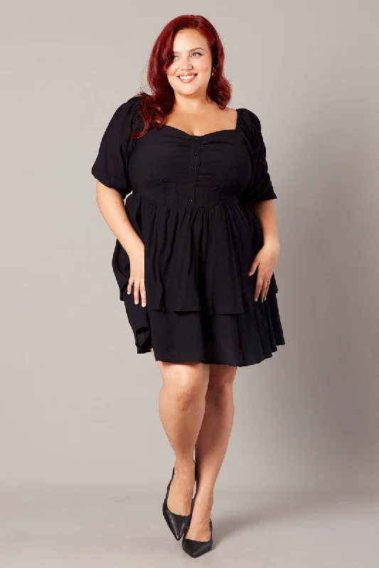 Black Button Detail Corset Mini Dress Trendy Wraparound Mini Dress