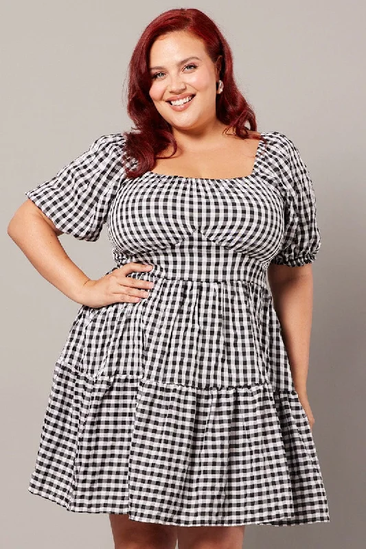 Black Check Gingham Sweetheart Mini Dress Chic Halter Mini Dress