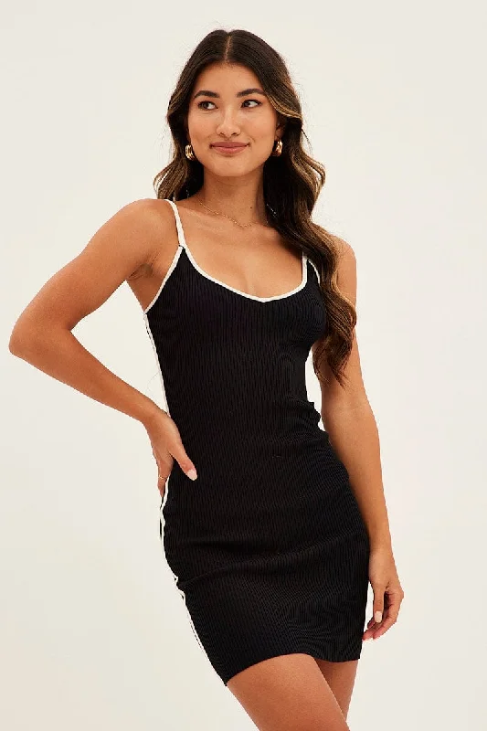 Black Mini Dress Sleeveless V Neck Knit Contrast Bind Fashionable A-Line Mini Dress