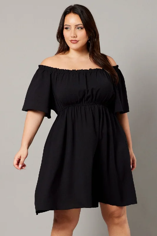 Black Off Shoulder Mini Dress Cozy Jersey Mini Dress