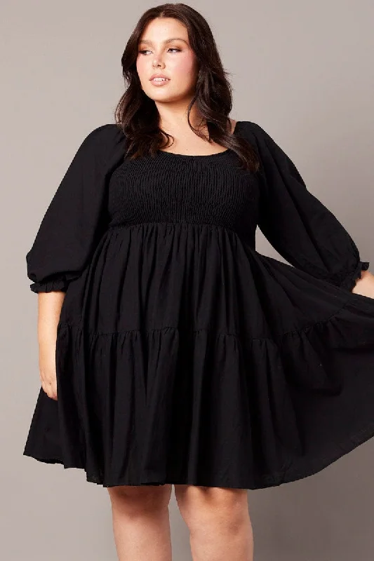 Black Shirred Tier Cotton Mini Dress Trendy Cut-Out Mini Dress