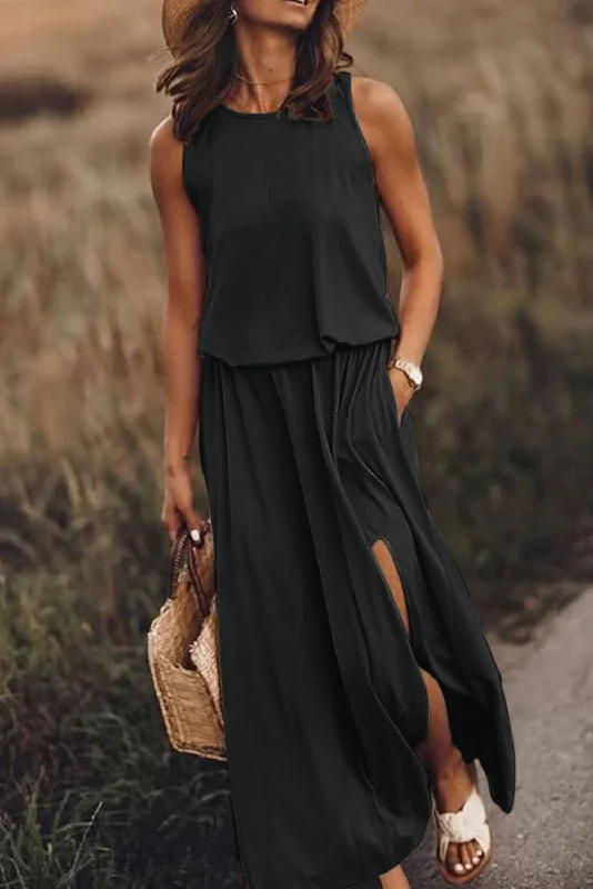 Black Solid Split Sleeveless Tunic Maxi Dress Elegant Maxi Dress with Ruffles