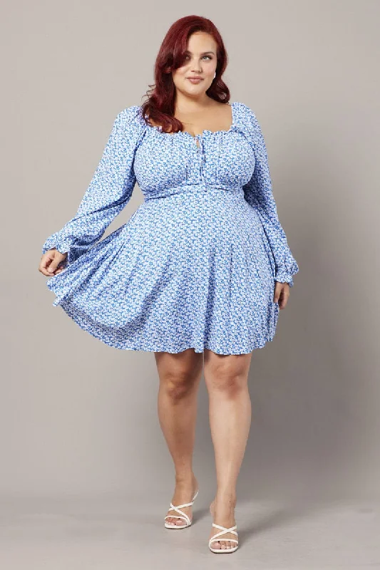 Blue Ditsy Long Sleeve Tie Mini Dress Trendy Lace Mini Dress