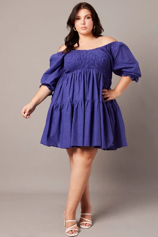 Blue Shirred Tier Cotton Mini Dress Stylish Spaghetti Strap Mini Dress