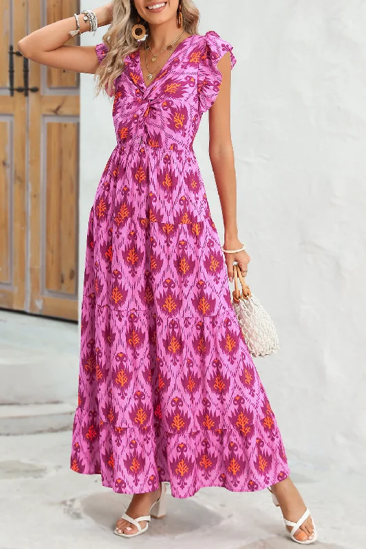 Abstract Print Ruffle Tiered Maxi Dress Fashionable Open-Back Maxi Dress
