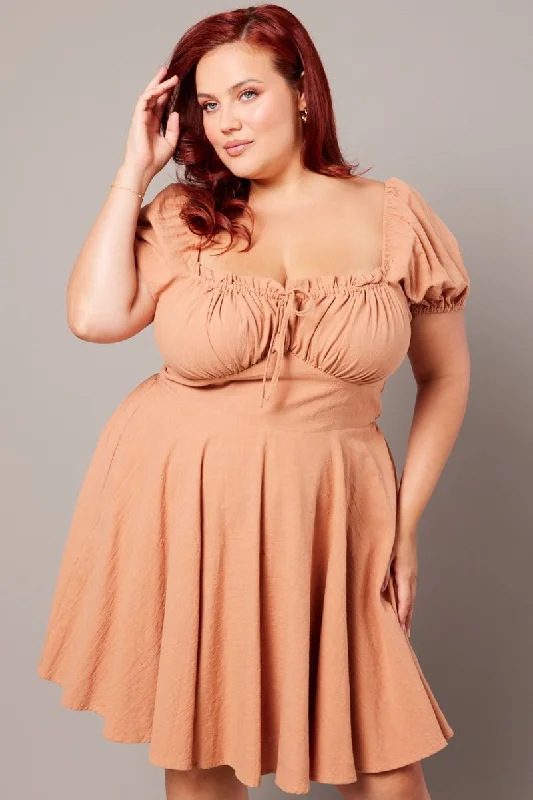 Brown Corset Puff Sleeve Mini Dress Elegant Mini Dress with Ruffles