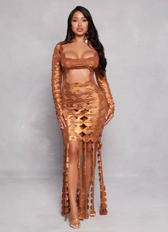 Metallic Cut Out Fringe Maxi Dress Stylish Maxi Dress with Pleats
