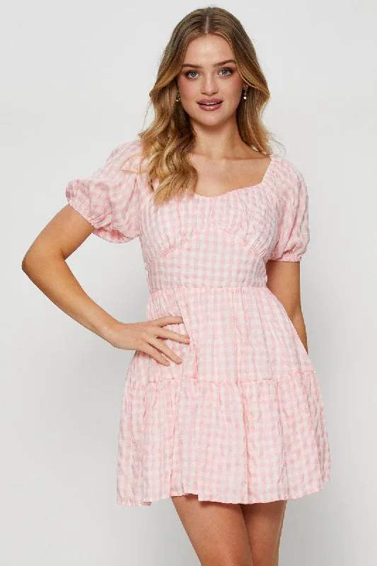 Check Mini Dress Sweetheart Casual Mini Dress with Pockets