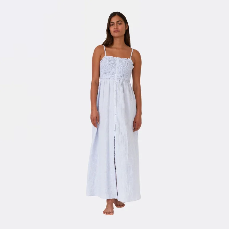 Cotton Button Front Smocked Sleeveless Maxi Dress (Dusty Blue) Fashionable Button-Down Maxi Dress Cotton Button Front Smocked Sleeveless Maxi Dress (Dusty Blue) Fashionable Button-Down Maxi Dress