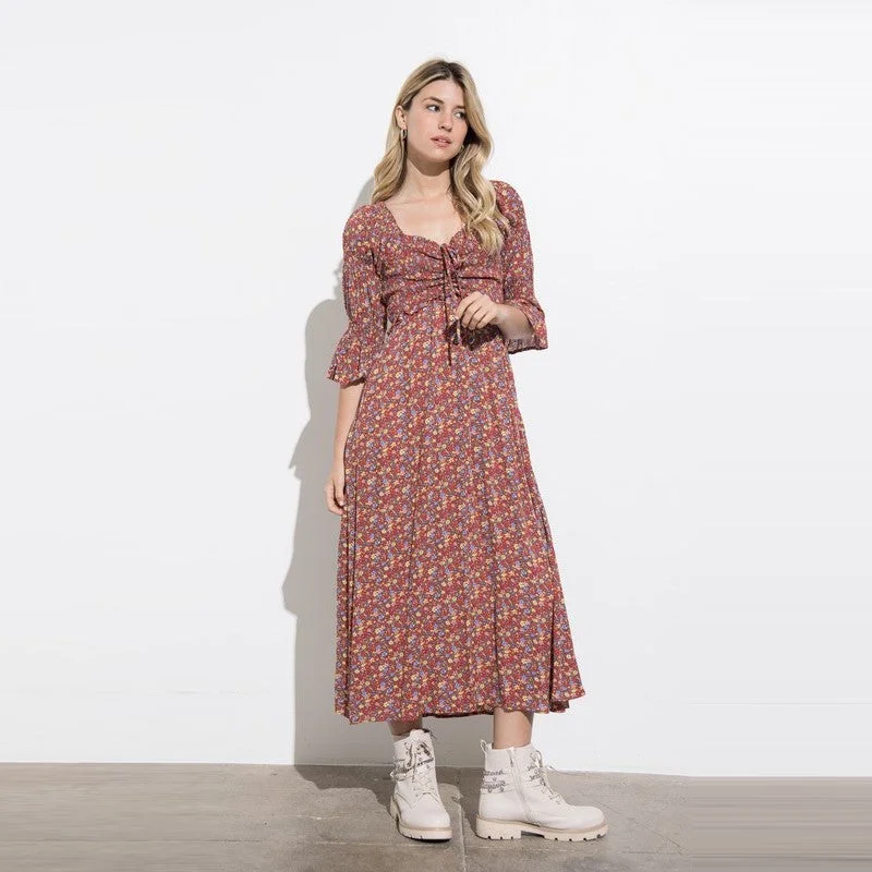 Ditsy Floral Maxi Dress (Red) Stylish Maxi Dress with Pleats