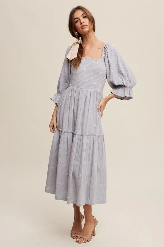 Floral Embroidery Puff Sleeve Maxi Dress Cozy Cold-Shoulder Maxi Dress